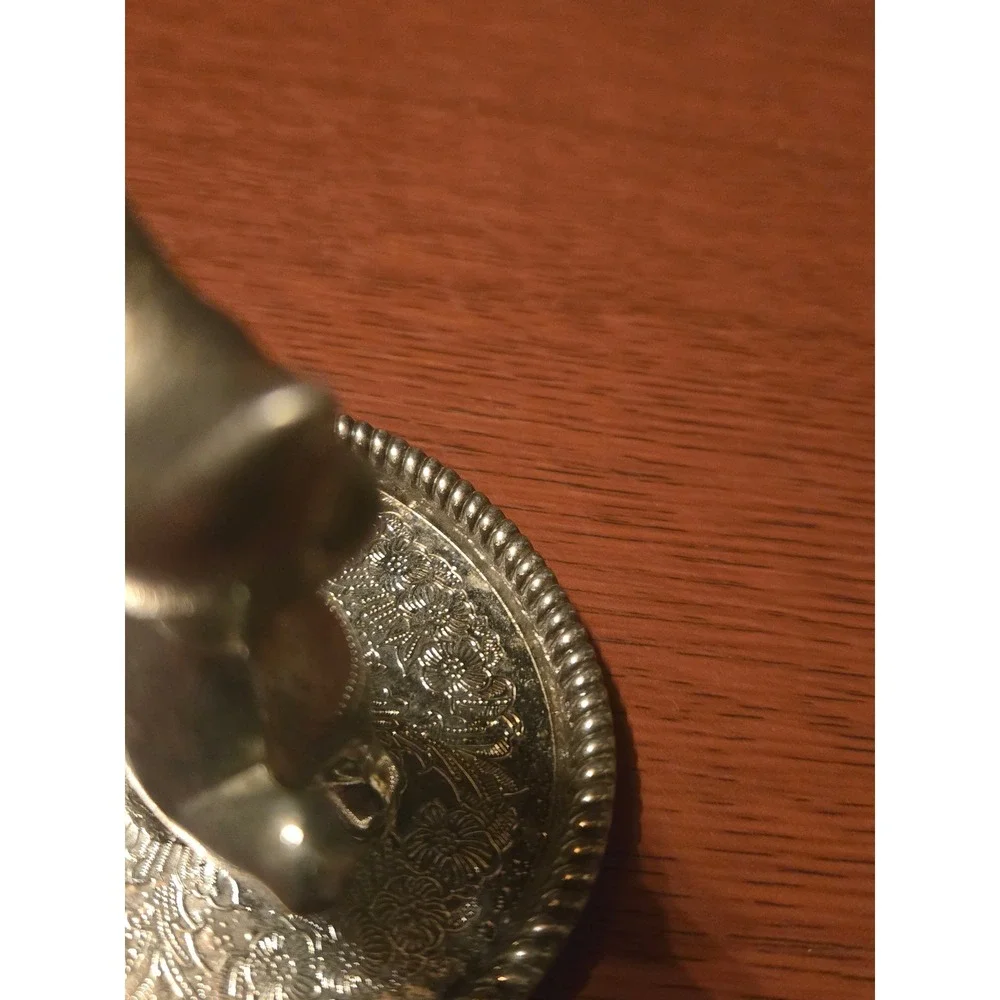Vintage Silver Tone Metal Cat Ring Holder Trinket Dish Floral Etched Base